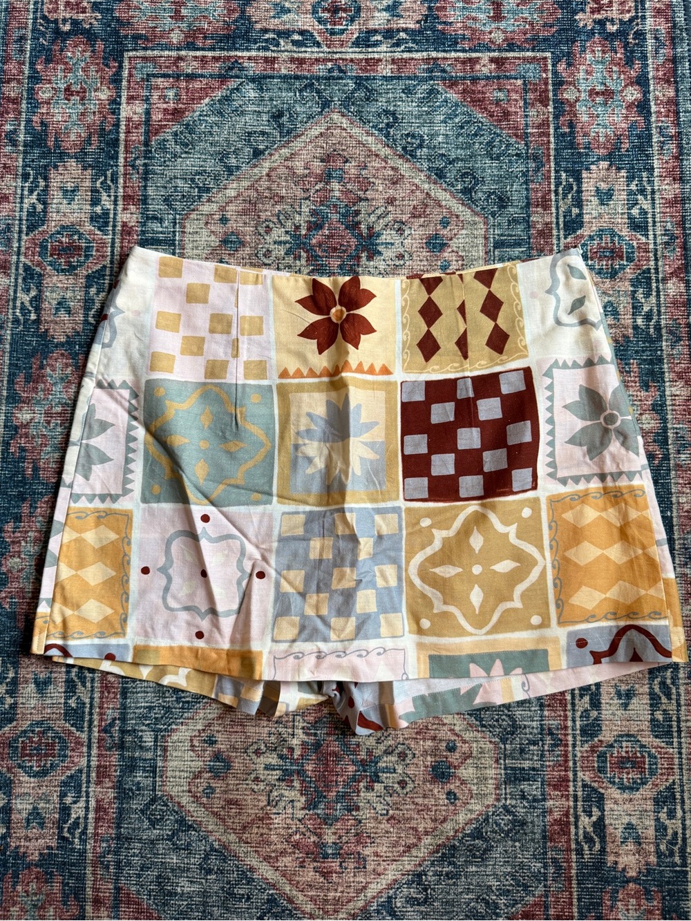 ASOS Patchwork Tile Mini Skort in Mustard, Rust, Pale Blue & Cream